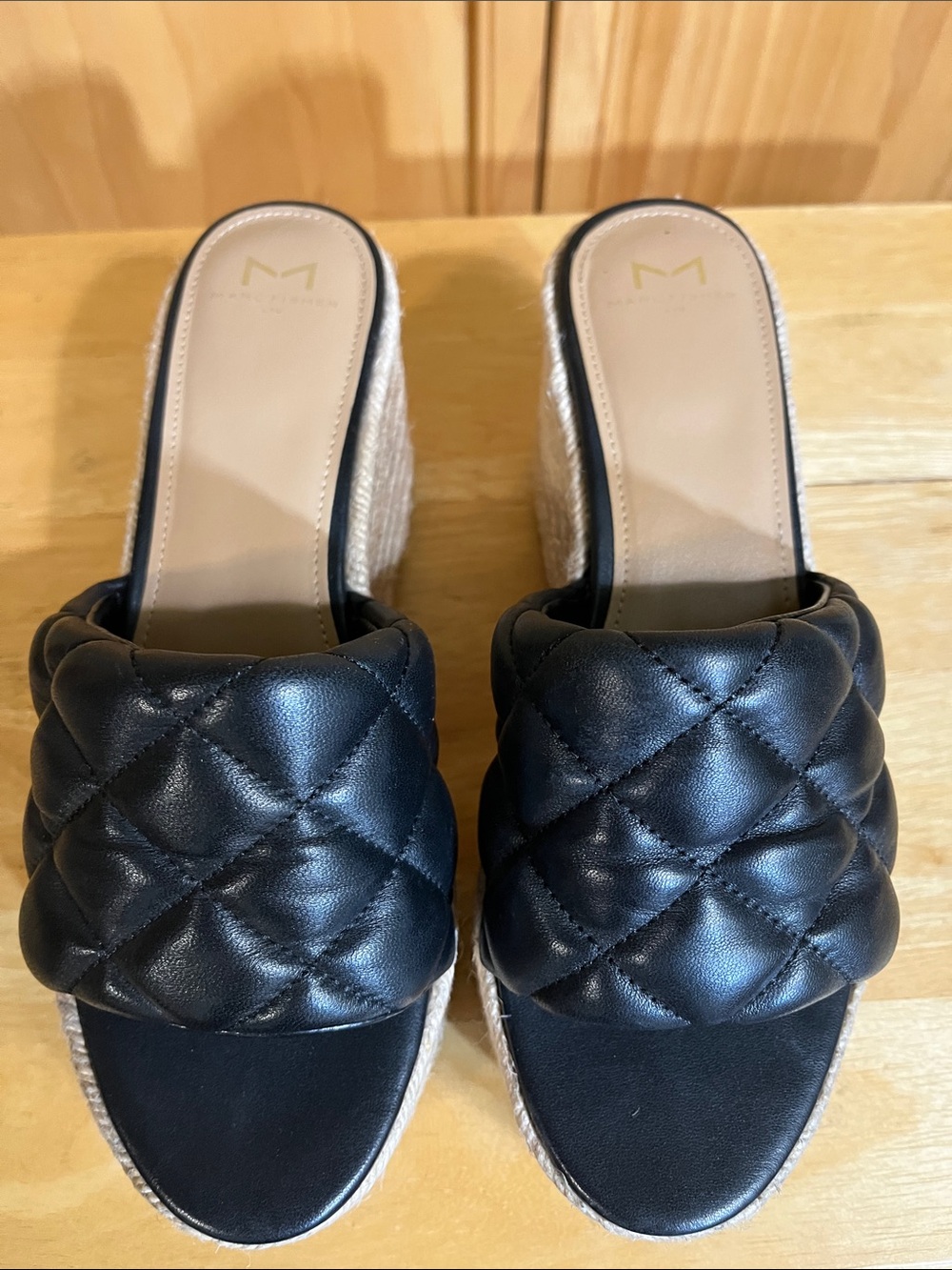 Marc Fisher Quilted Black Espadrille Wedge Slide Mules
